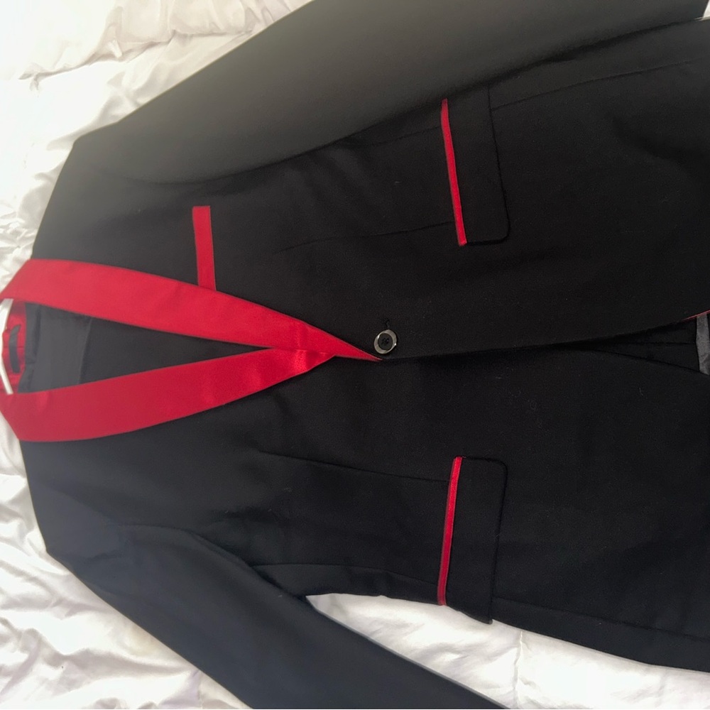 Three Piece Black And Red Suit